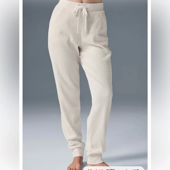 NEW Alo Yoga Cream Ribbed Joggers - Picture 3 of 11